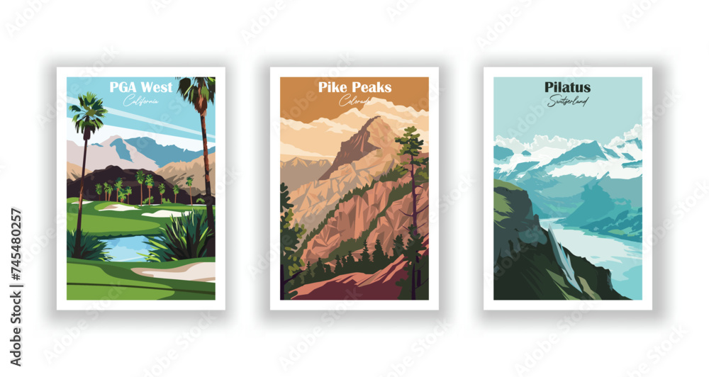 PGA West, California. Pike Peaks, Colorado. Pilatus, Switzerland - Set of 3 Vintage Travel Posters. Vector illustration. High Quality Prints - obrazy, fototapety, plakaty 