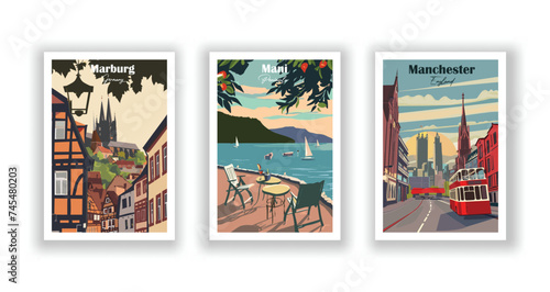 Manchester, England. Mani, Peninsula. Marburg, Germany - Set of 3 Vintage Travel Posters. Vector illustration. High Quality Prints