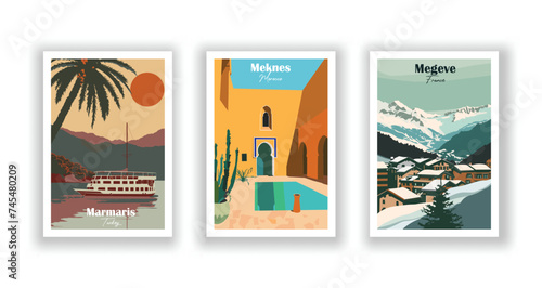 Marmaris, Turkey. Megeve, France. Meknes, Morocco - Set of 3 Vintage Travel Posters. Vector illustration. High Quality Prints