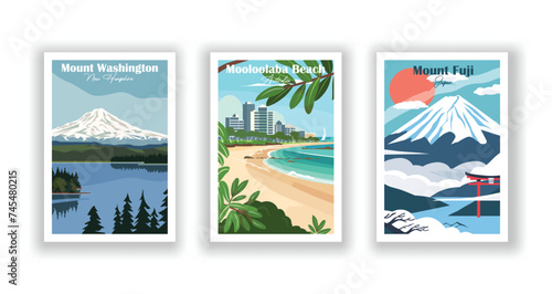 Mooloolaba Beach, Australia. Mount Fuji, Japan. Mount Washington, New Hampshire - Set of 3 Vintage Travel Posters. Vector illustration. High Quality Prints