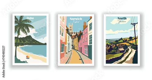 North, Yorkshire. Norwich, England. Oahu, Hawaii - Set of 3 Vintage Travel Posters. Vector illustration. High Quality Prints