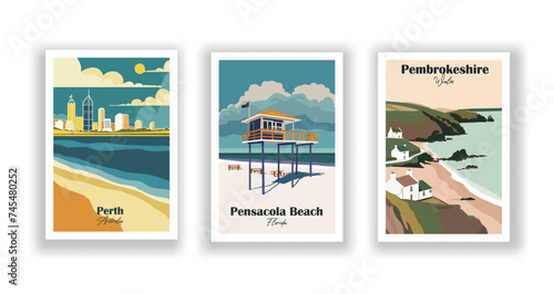 Pembrokeshire, Wales. Pensacola Beach, Florida. Perth, Australia - Set of 3 Vintage Travel Posters. Vector illustration. High Quality Prints