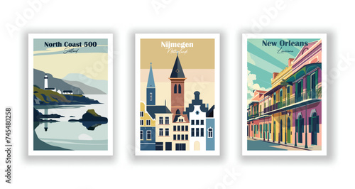 New Orleans, Louisiana. Nijmegen, Netherlands. North Coast 500, Scotland - Set of 3 Vintage Travel Posters. Vector illustration. High Quality Prints photo