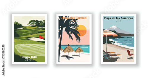 Playa de las Américas, Tenerife. Playa Del Carmen, Mexico. Poppy Hills Golf Course - Set of 3 Vintage Travel Posters. Vector illustration. High Quality Prints