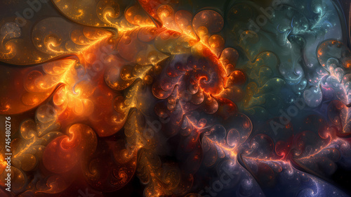 abstract background in warm colors, Mystical Light Dance: Ethereal Swirls of Glowing Colors