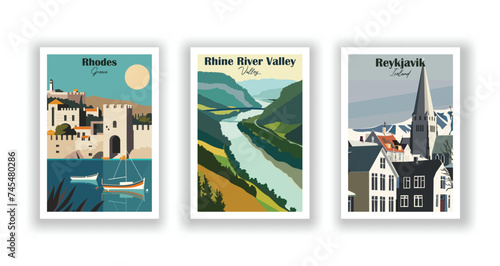 Reykjavik, Iceland. Rhine River Valley. Rhodes, Greece - Set of 3 Vintage Travel Posters. Vector illustration. High Quality Prints