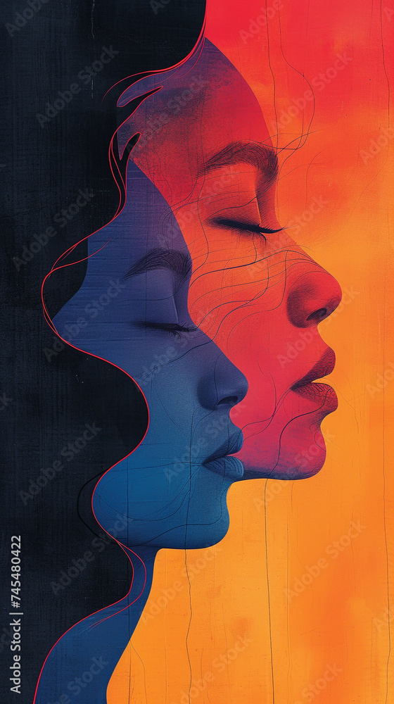 artistic illustration of abstract profiles with bold color blocks resembling a modern art piece each silhouette outlined against a gradient coral background