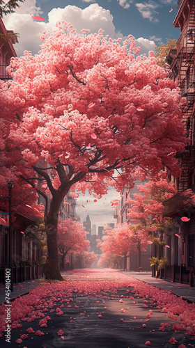 an artistic rendition of a dreamlike tree with clouds as leaves set against the backdrop of a quiet city alley the ground covered in a carpet of pink petals photo