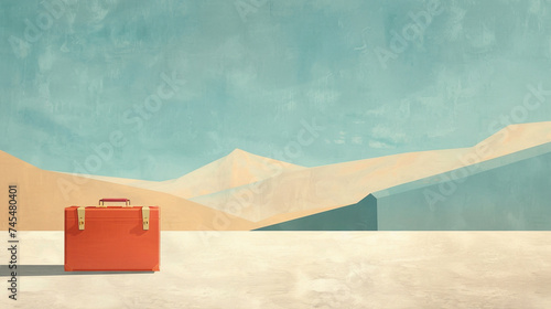 Abstract art depicting a lone suitcase in the desert using geometric shapes and a minimalist color palette to convey themes of solitude and the unknown