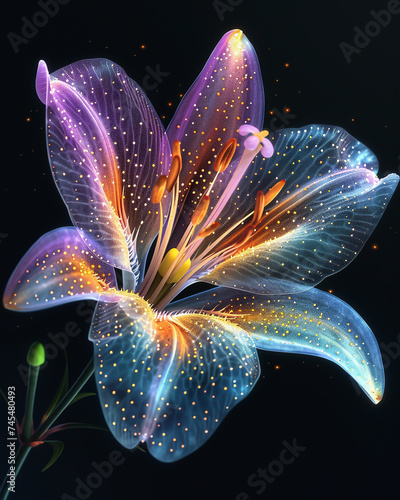 neon gradient light yellow purple and gold art of a sundrop lily on black background with stars4 delicate gossamer flower petals detailed linework clear lines bold vibrant colors3 realistic photo