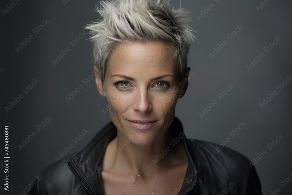 Portrait of a beautiful woman with short blond hair in a leather jacket