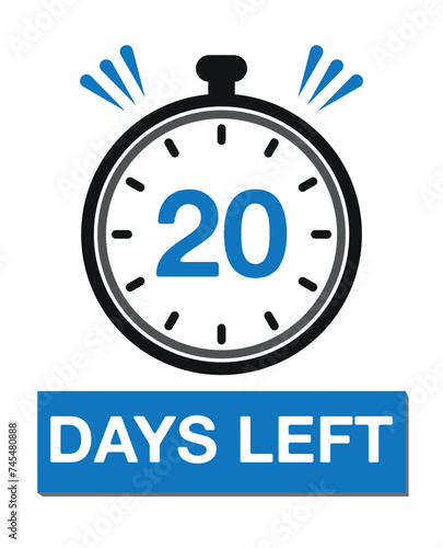 20 days left. Count timer icon. Days left vector, clock design