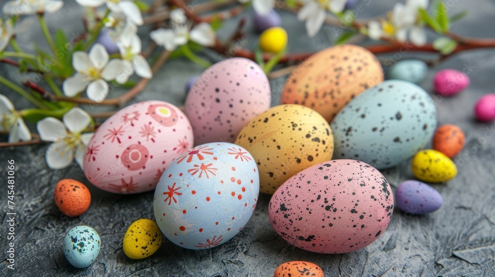 Fototapeta premium Easter themed card in light colors with colorful colored solid eggs