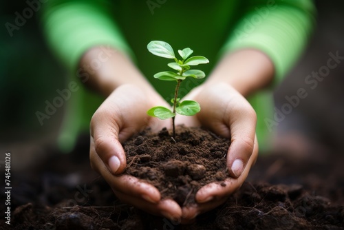 Close-up of a woman holding a young green plant in her hands with a blurred background of soil. The concept of a new life and care for the environment. Selective Focus.