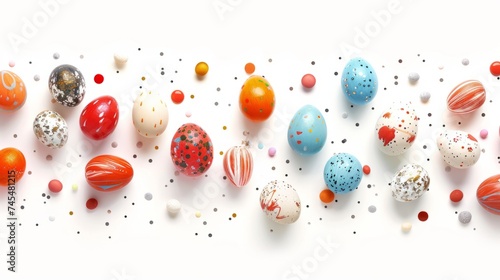 spring flowers and easter eggs on white background with space for copy