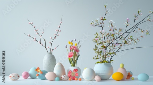 spring flowers and easter eggs on white background with space for copy