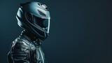 Side profile of an unidentifiable person wearing a modern motorcycle helmet and leather jacket, with copy space on a dark, moody background, ideal for motorcycling concepts and safety campaigns