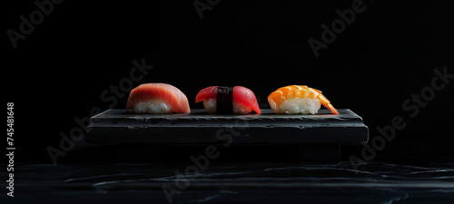 Elegant display of assorted sushi pieces on a textured black background with ample copy space, ideal for menus and culinary presentations