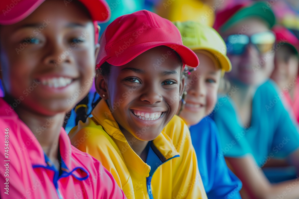 Diverse group of smiling children in colorful hats, suitable for education concepts or children's events, with copy space on the right Diverse group of smiling children in colorful hats, suitable for education concepts or children's events, with copy space on the right