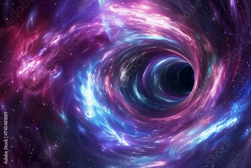 Vibrant cosmic background featuring a swirling galaxy and black hole with vivid pink and blue nebulas, ideal for science fiction themes or space-related content with ample space for text