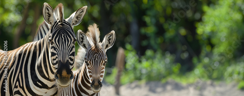 Two zebras facing forward with striking black and white stripes  set against a blurred natural green background  ideal for banners or text overlays about wildlife or natural habitats
