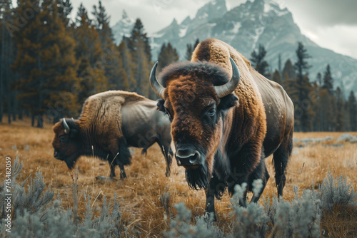 Two American bison grazing in a serene meadow with dramatic mountain backdrop, perfect for wildlife and nature-themed designs with space for text