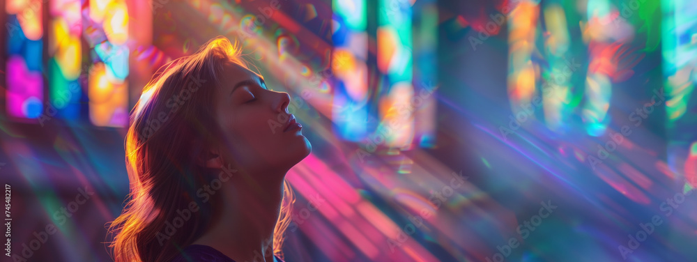 Ethereal woman in contemplation with colorful light leaks, ideal for spiritual or wellness themes with copyspace on the right