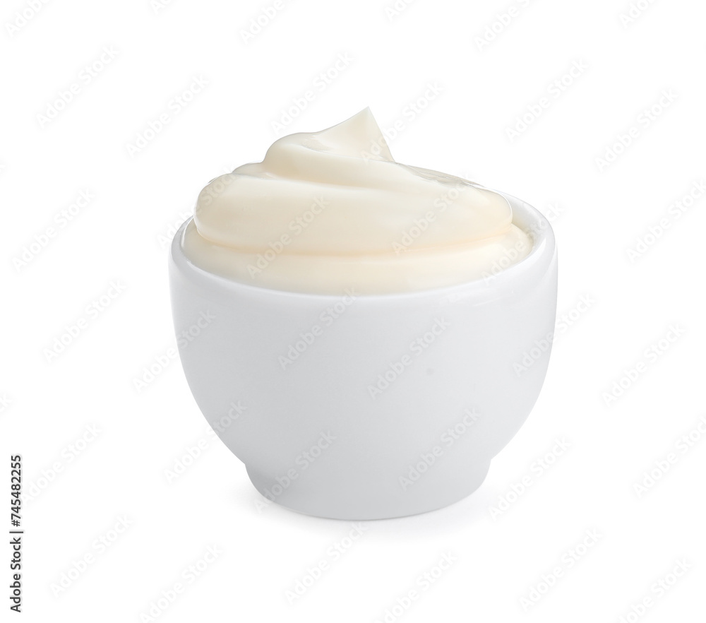 Tasty fresh mayonnaise sauce isolated on white Tasty fresh mayonnaise sauce isolated on white