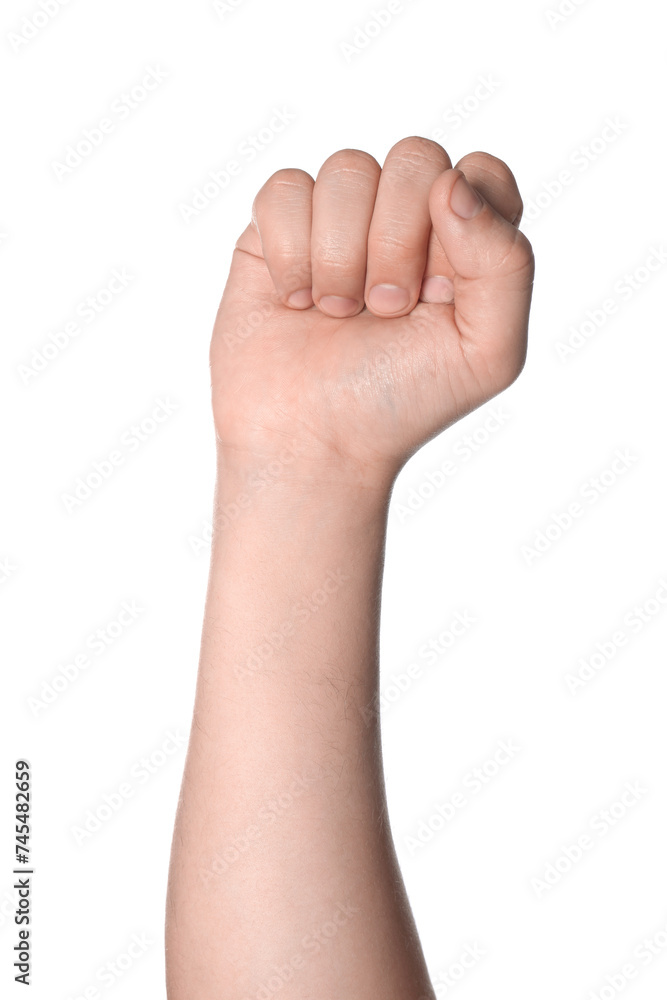 Man showing fist on white background, closeup Man showing fist on white background, closeup