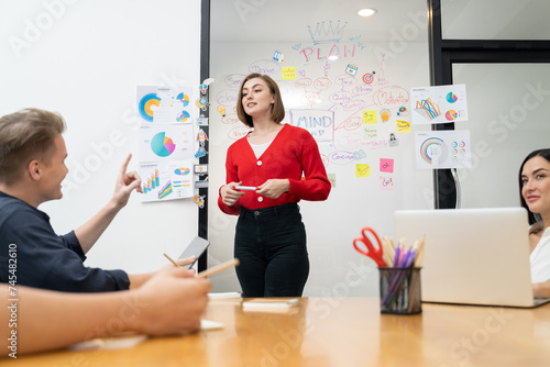 Professional attractive female leader presents creative marketing plan by using brainstorming mind mapping statistic graph and colorful sticky note at modern business meeting room. Immaculate.