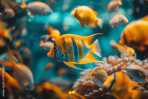 Vibrant yellow and blue striped butterflyfish swimming in a coral reef, ideal for marine life backgrounds with space for text on the right © fotogurmespb