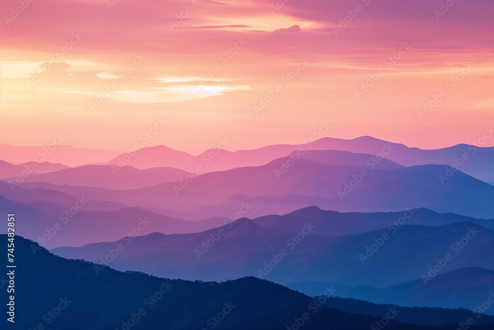 Serene pastel sunrise over layered mountain landscape, ideal for backgrounds with space for text, in a tranquil nature concept
