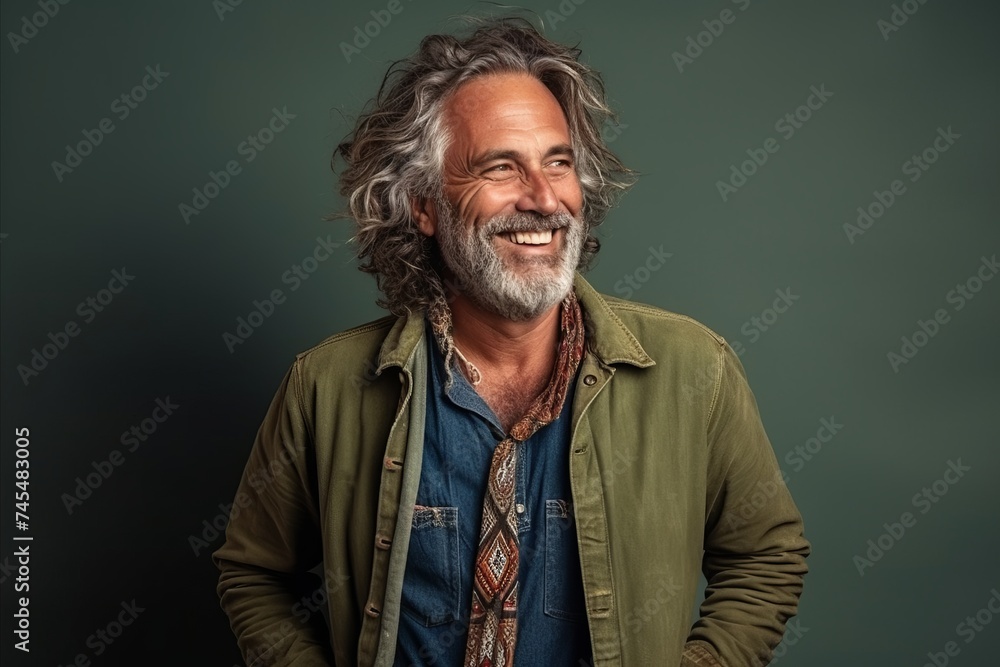 Portrait of a handsome middle aged man with long wavy hair.