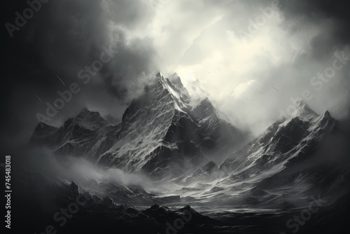 Dramatic Monochrome art of moon in mountain hills. Scenic view of twilight night moon. Generate ai