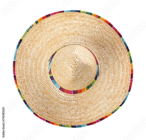 One Mexican sombrero hat isolated on white, top view