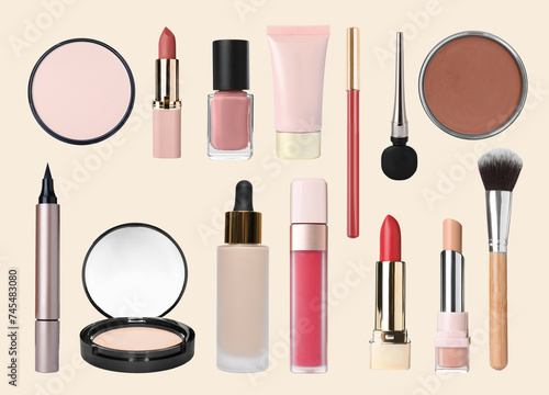 Decorative cosmetics on beige background, collection. Makeup products