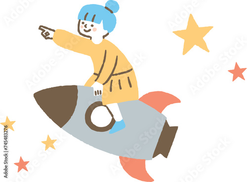 指を差してロケットに乗っている少女_色