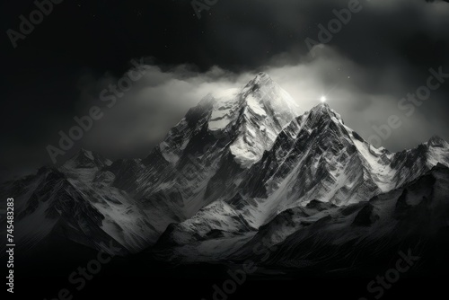 Monochrome big moon above the mountains. Night scenic landscape view of hills on dark sky. Generate ai