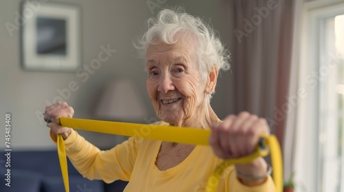 Senior Woman Smiling and Exercising with Yellow Resistance Band in Bright Living Room Setting