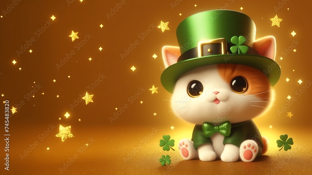 Fototapeta premium 3d cute cat with hat St. Patrick's Day on golden background