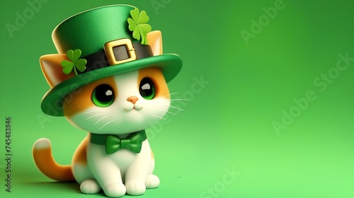 3d cute cat with hat St. Patrick's Day on green background -copy text