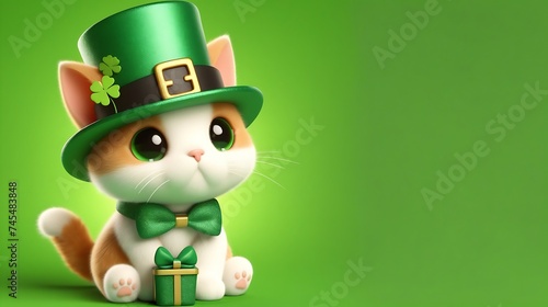 3d cute cat with hat St. Patrick s Day on green background -copy text