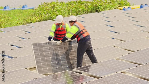 Two professional technician workers stand and hold solar cell panel in area of network of base over area of water reservoir.