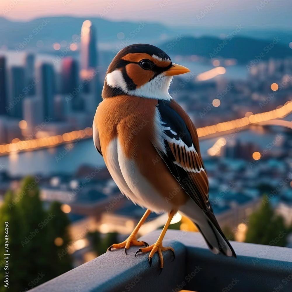 Pájaro posado en una barandilla sobre una ciudad  - obrazy, fototapety, plakaty 