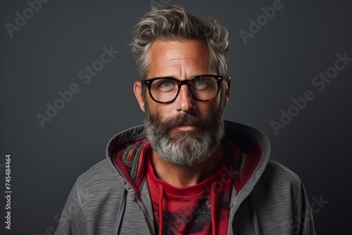 Portrait of a stylish senior man with long gray beard and mustache wearing glasses and hoodie.