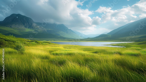 Mountainous Summer Landscape under a Blue Sky with Clouds and a Serene Lake, Surrounded by Green Meadows and Forests