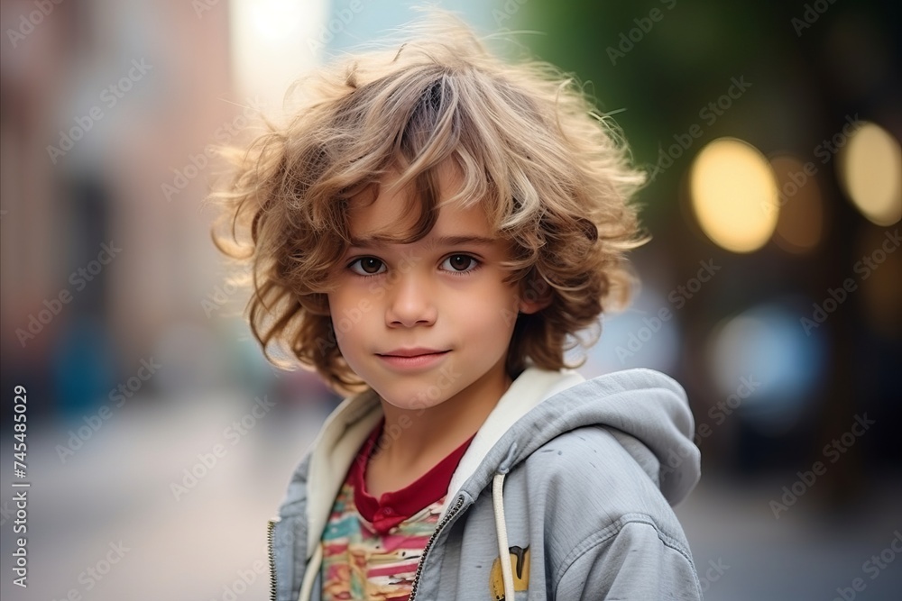 Portrait of a cute little boy with curly hair on the street Portrait of a cute little boy with curly hair on the street