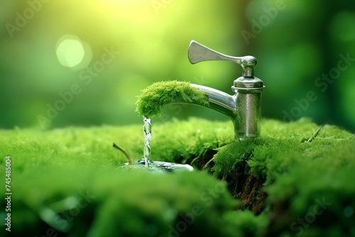world water day open faucet on natural green, Generative ai
