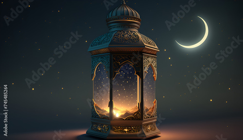 mosque in the night, Ornamental Arabic lantern with crescent moon - Ramadan Kareem