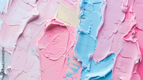 Close-up view of a pastel, multicolored abstract painting featuring thick layers of paint and textured brushstrokes. Background, backdrop, wallpaper.